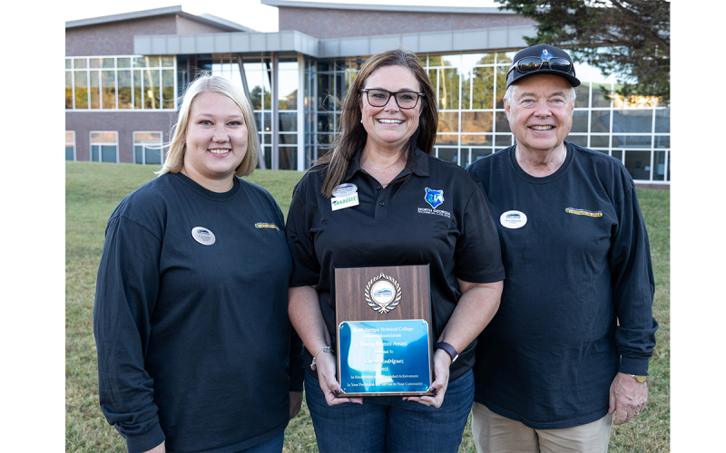 From left are Emily Sullens, NGTC Alumni Association president; Carrie Rodriguez, NGTC Young Alumni Award winner; and NGTC president, John Wilkinson. AMY HULSEY/Submitted