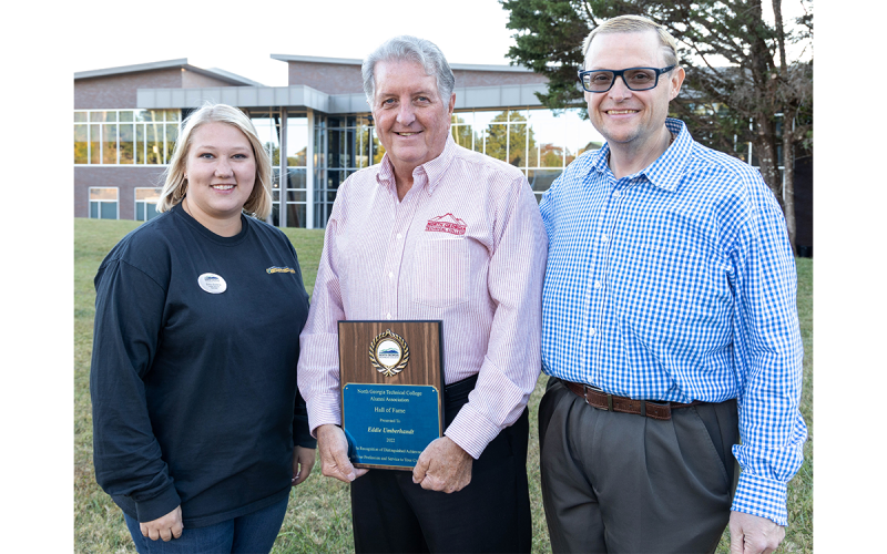 From left are Emily Sullens, NGTC Alumni Association president; Eddie Umberhandt, NGTC Alumni Hall of Fame Award winner; and Randall Fry, NGTC Alumni Association past president. AMY HULSEY/Submitted