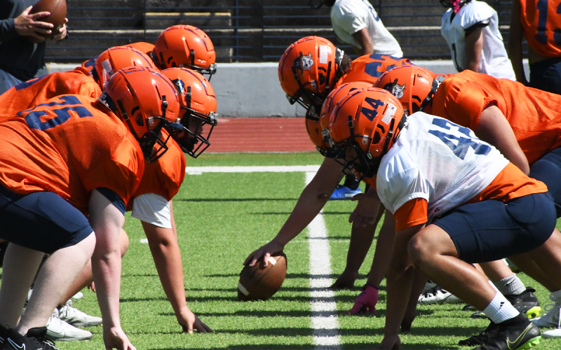 Habersham Central’s lineman get to work in the trenches at Tuesday’s practice. LANG STOREY/Staff