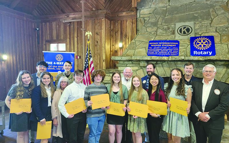 Habersham Rotary Scholarship winners and mentors for 2024 include (front row, from left) Hanna Chitwood, Michelle LeBlanc, Barbara Strain, Reece Baca, Casey Blake Howard, Kaitlyn Gibson, Kinsley Harrison, Danica Inkeo and Charlize Barbour. Back row are (from left) Daniel Ballesteros, Bobby Ray Wallace, Gary Morris, John Borrow, David Foster and Rotary President Bradley Cook. SUBMITTED
