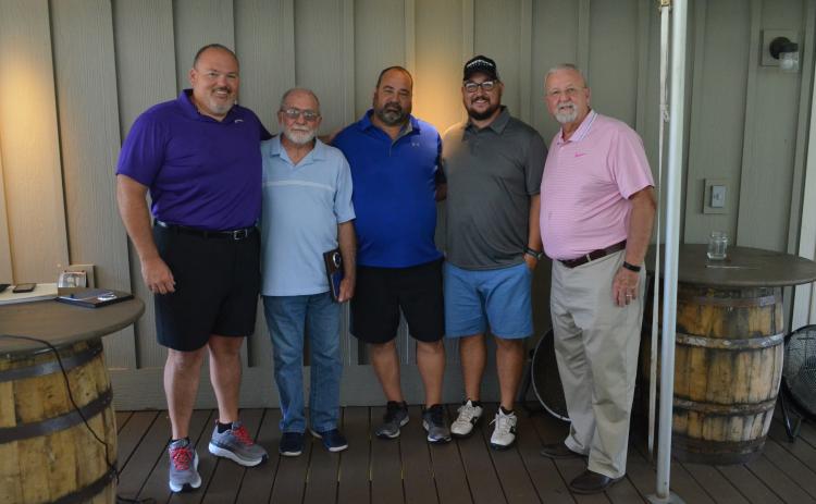 Shown, from left, are 2019 Habersham County Football Ring of Honor inductees Stacy Ivester, Dexter Pratchard, Joel Patrum, Brandon Patrum and Arnold Meeks at The Orchard Golf and Country Club in Clarkesville Tuesday.