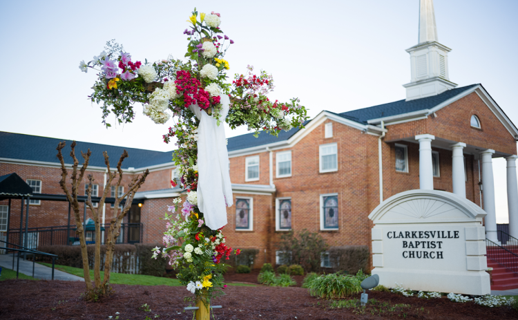 Clarkesville First Baptist Church features a flower-filled cross on the front lawn on Easter Sunday. ZACH TAYLOR/Special