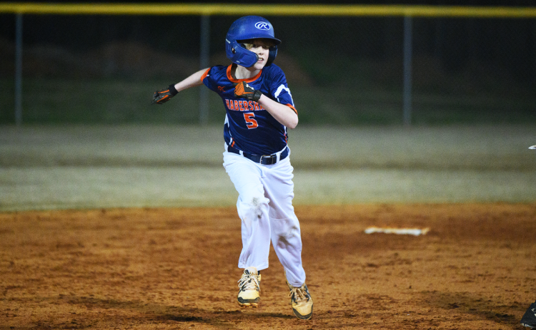 Habersham’s Brayden Parham (5) steals third base in a  Habersham vs White County 12U baseball game this season. The county has  taken over operation of the youth baseball and softball leagues starting in 2023. ZACH TAYLOR/Special