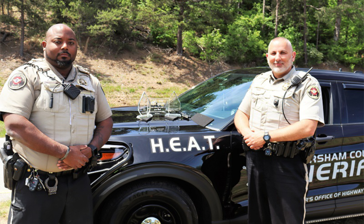 Habersham County Sheriff’s Office Sgt. Kris Hall, right, who is assigned to the agency’s H.E.A.T. (Highway Enforcement of Aggressive Traffic) Unit received both the MADD Georgia Golden Shield 2023 Officer of the Year Honor and the MADD Georgia Golden Shield 2023 Officer DUI Hero Honor for his 204 DUI arrests. Deputy Chase Trammell of the agency’s Special Traffic Enforcement Patrol, left, received a DUI Achievement certificate for 64 DUI arrests. HABERSHAM COUNTY/Submitted