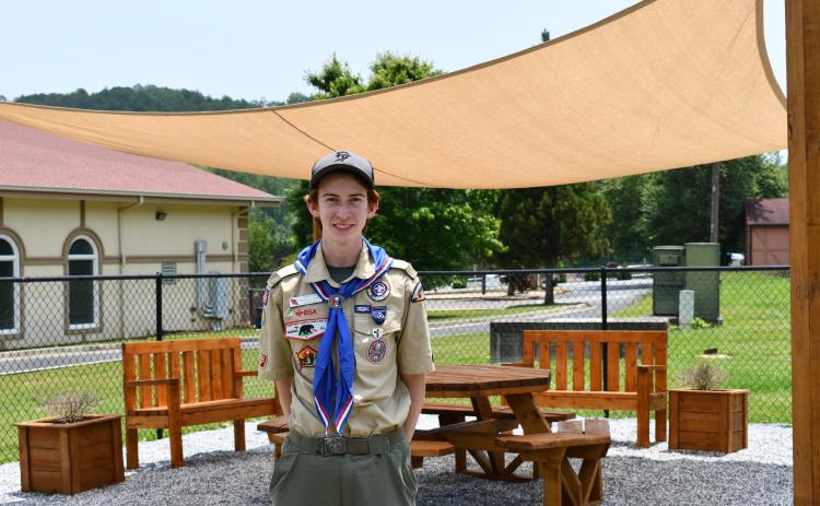 Matthew Wolfe’s finished Eagle Scout project sits outside of Helen First Baptist Church. He earned his rank of Eagle Scout on April 5. JOHN DILLS/Staff