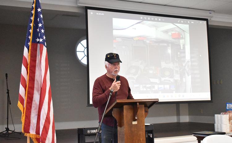 U.S. Navy Vietnam Veteran Rick Zane brought slides and videos of his time serving in the Pacific to the Veterans & Patriots breakfast Saturday at First Baptist Church Cornelia. MATTHEW OSBORNE/Staff