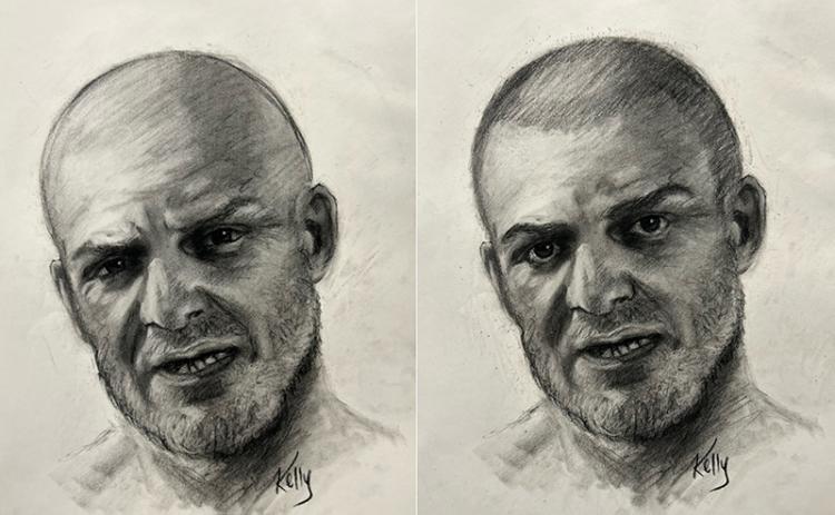 Two similar sketches are shown of a man suspected of pulling people over on Highway 365 improperly. HALL COUNTY SHERIFF’S OFFICE