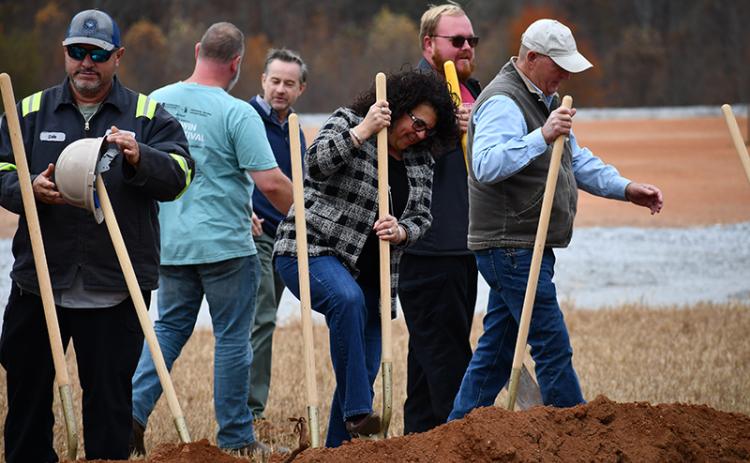 Baldwin Mayor Stephanie Almagno eagerly breaks ground on the new Baldwin public works facility set to be complete by August 2024. The facility will replace the current building located off of Willingham Avenue. JULIANNE AKERS/Staff