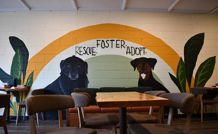 A mural spans the wall of Man’s Best Friend Café encouraging people to foster, rescue and adopt animals. It depicts Shaggy (left) and Zoe (right), two of Lincoln’s dogs who have passed away. JULIANNE AKERS/Staff