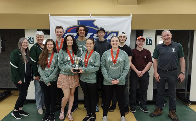 Members of Tallulah Falls’ state runner-up rifle team are (front row, from left) Chloe Erwin, Brianna Walter, Kylee Loudermilk and Leah Rogers. Back row are (from left) Coach Katie Keister, Assistant Coach Kerry Stamey, Joseph McGahee, Marc Crotta, Mitchell McGahee, Zeek Pruitt, Ethan Simmons and Coach Tim Stamey. BRIAN CARTER/Submitted