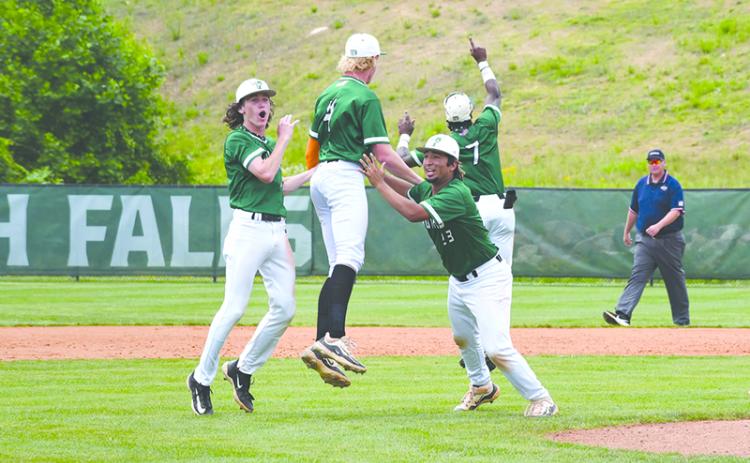 Tallulah Falls’ Dylan Brooks, Chase Pollock, Diego Gonzalez and Ashton Roache celebrate after the  Indians finished off the win Tuesday to advance to the state semifinals. LANG STOREY/Staff