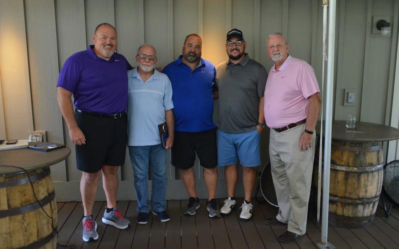 Shown, from left, are 2019 Habersham County Football Ring of Honor inductees Stacy Ivester, Dexter Pratchard, Joel Patrum, Brandon Patrum and Arnold Meeks at The Orchard Golf and Country Club in Clarkesville Tuesday.