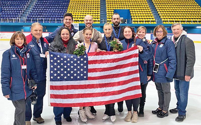 Dr. Stuart Sanders, second from left, was the physician for the Team USA figure skating team. The senior pairs included Tarah Kayne (shown fourth from left) and Danny O’Shea (shown middle back row); Ashley Cain-Gribble (fifth from left) and Timothy LeDuc (shown right back row).