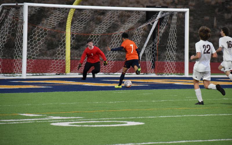 Habersham Central's Alexis Laguna scores a goal against Dawson County Friday.