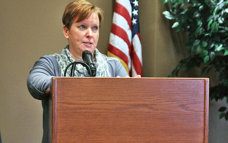 Habersham County United Way President Heather Sinyard addresses the audience during their annual breakfast.