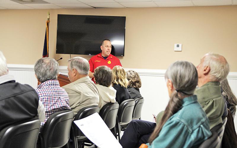 Demorest Fire Chief Ken Ranalli informs the audience of why he is in need of a new pickup truck at Tuesday’s meeting.