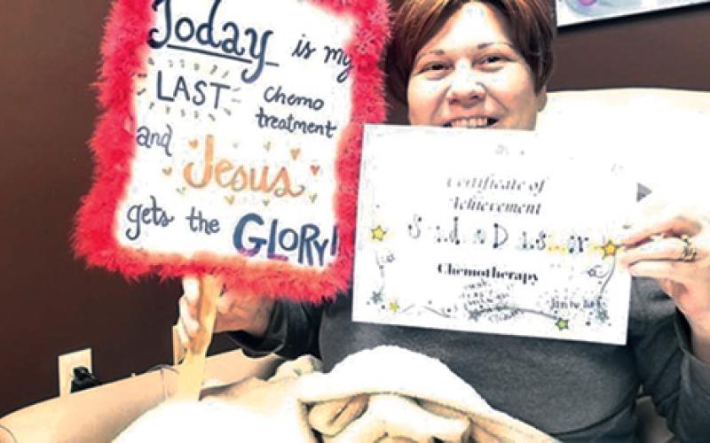 Sandi Densmore of Clarkesville celebrates her final chemotherapy treatment in January 2019.