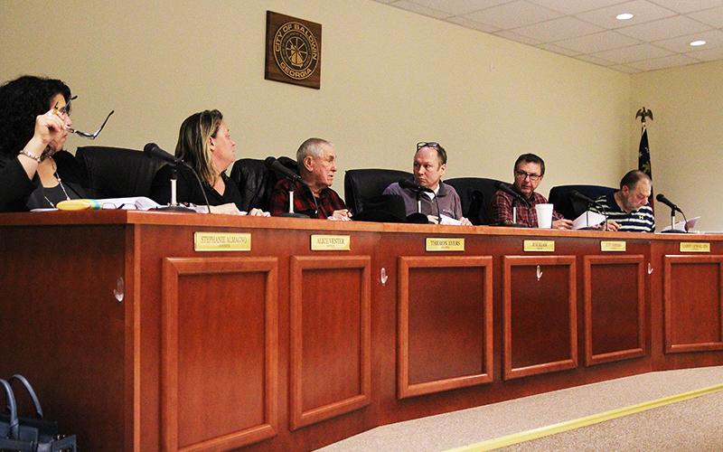 From left are Baldwin City Council members Stephanie Almagno, Alice Venter, Theron Ayers, Mayor Joe Elam, and councilmen Jeff Parrish and Larry Lewallen at Monday’s meeting.