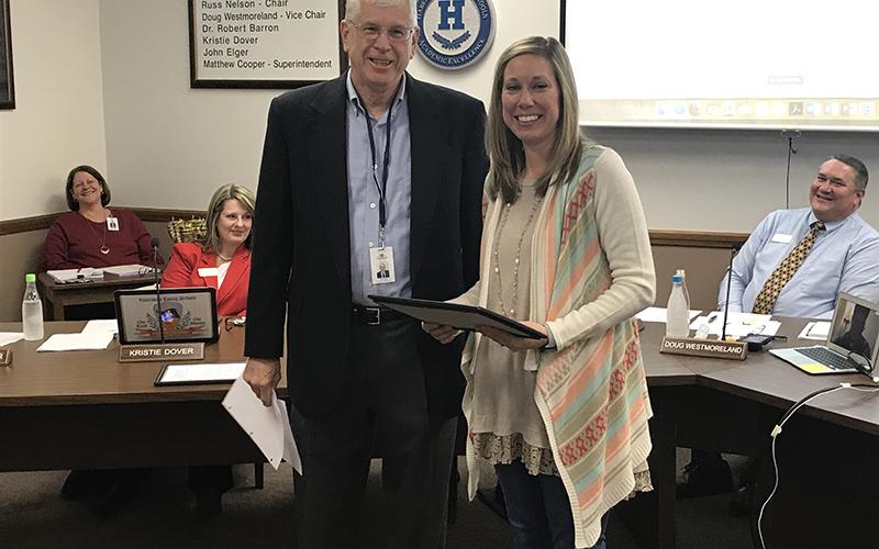 Laura Traudt, second grade teacher at Level Grove Elementary, received Habersham County Schools’ Extra Mile Award for January at Monday’s school board meeting. Traudt oversees the school’s garden team. Principal Darlene Hudson said Traudt “trains and works with our teachers to integrate standards-based instruction using the garden to allow students hands-on experiences and college/career exposure.” Traudt received her award from school board member John Elger.