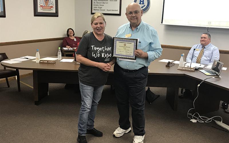 Robin Coker, custodian at Woodville Elementary, received Habersham County Schools’ Service Above Self award for January at Monday night’s school board meeting. Coker’s colleagues praised her for “taking great pride in keeping Woodville Elementary in tip-top shape,” as well as being “wonderful with the students” and having a positive attitude every day. The award is presented by the Clarkesville Rotary Club, and she received her award from school board member Dr. Robert Barron.
