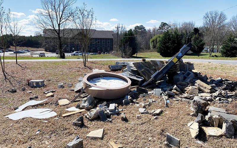 A vehicle ran into the county building’s administration sign Thursday in Clarkesville.