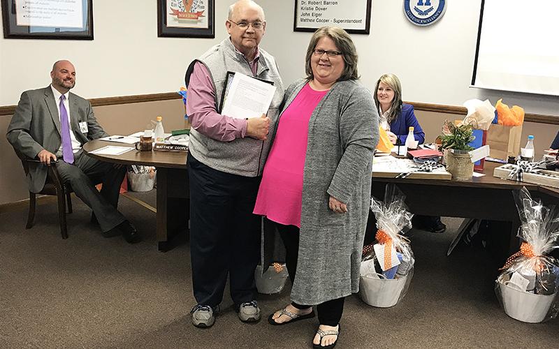 The Habersham County Board of Education Service Above Self Award for March was given to North Habersham Middle School paraprofessional Melanie Benfield. Her nomination said she “will do whatever is needed to help all students regardless of their needs to be successful.” Benfield created a positive reward system to help struggling students complete their academic tasks. The award was presented by board member Dr. Robert Barron and is sponsored by the Clarkesville Rotary Club.