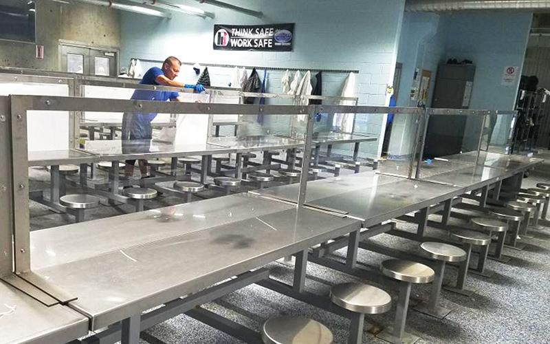 Dividers have been installed in the break rooms at the Fieldale processing plant in Cornelia.