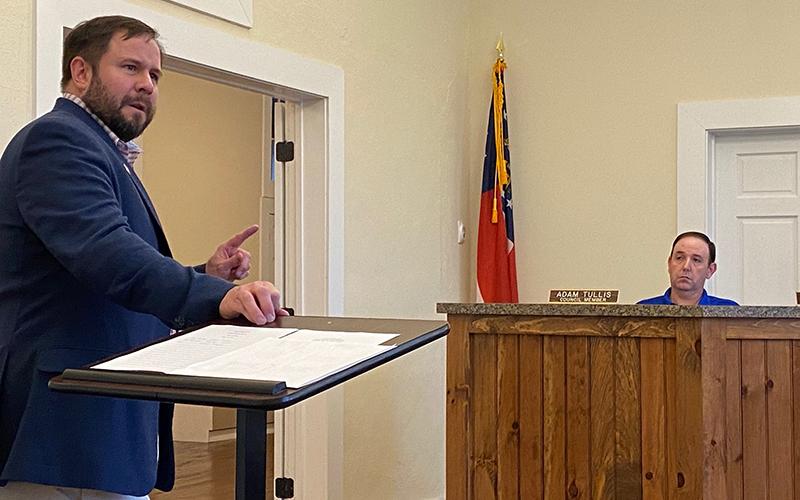 Cornelia Mayor John Borrow addresses the Mt. Airy City Council on Tuesday night. Photo by ERIC PEREIRA/Staff