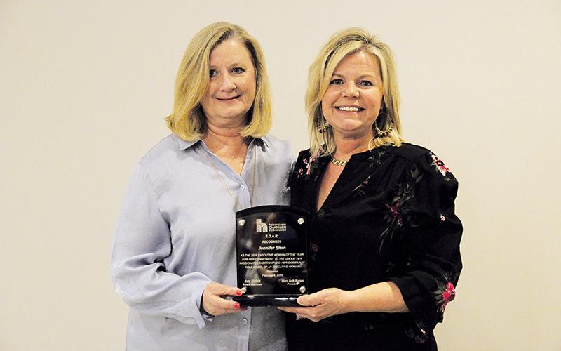 Jennifer Stein (right), Executive Director of the Family Resource Center of Northeast Georgia was recognized as the executive woman of the year by Habersham Chamber of Commerce’s SOAR (Strong, Objective , Active and Respective) professional women’s group. Brenda Speed presented the award to Stein at the Chamber’s annual awards celebration in February.