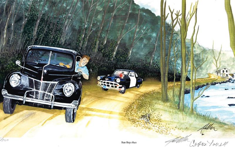 “Run Boys Run,” a painting by Clarkesville artist Julius Miller, shows a young 20-year-old Lovell on a moonshine run down state Route 197. Once a dirt road, state Route 197 was a main vein for the transportation of moonshine.