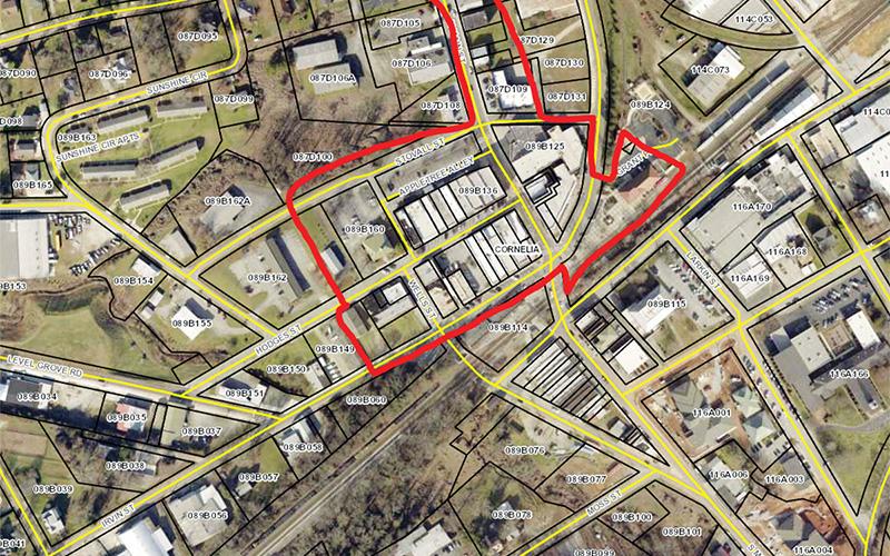 The marked area is where the entertainment district in Cornelia could be.