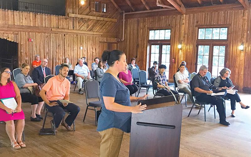 Lindsey Holt, owner of Bigg Daddys in Cornelia, speaks to the crowd at the Cornelia City Commission meeting Tuesday about the possibility of designating an entertainment district downtown.
