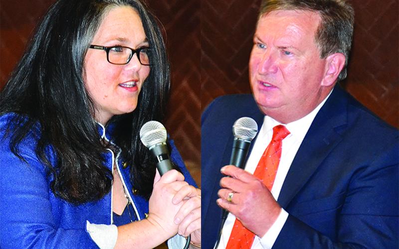 District 4 county commission candidates Natalie Crawford (left) and Bruce Harkness spoke at Wednesday night’s forum at the Cornelia Community House, sponsored by The Northeast Georgian and 107.7 The Breeze.