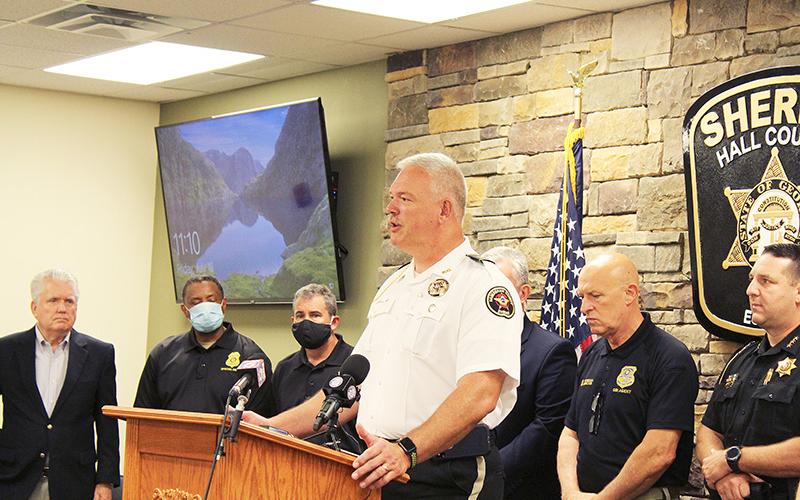Habersham County Sheriff Joey Terrell speaks at Friday's joint press conference in Hall County.