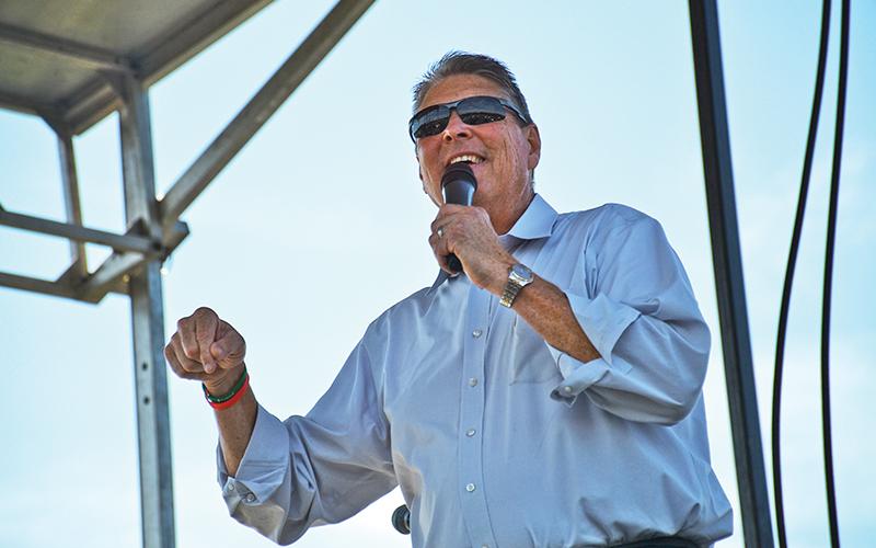 Pastor Mike Franklin of The Torch speaks at Sunday's drive-in prayer rally.