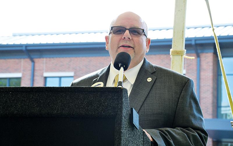 Dr. Mark Ivester speaks at the ribbon cutting ceremony of the Industrial Technology Center at the North Georgia Technical College Clarkesville campus in 2019.
