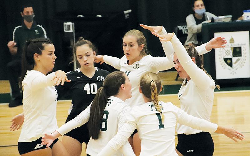 Tallulah Falls girls celebrate a point during their win Thursday over Rabun County. Photo courtesy of Tallulah Falls School