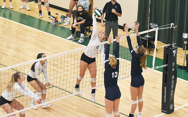 Tallulah Falls’ Katy Corbett goes for a spike during the Lady Indians’ win over Mount Vernon on Wednesday night.