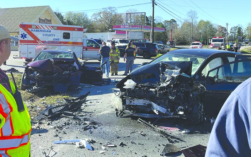 Two cars hit head on Monday morning on Historic Highway 441 in Clarkesville, causing the death of a 5-year-old child. Photo courtesy of Habersham County Emergency Services