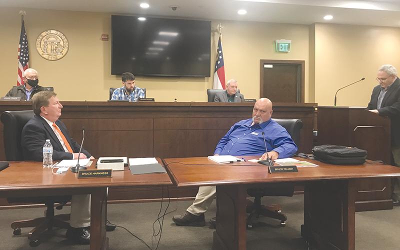 Habersham County’s Board of Commissioners assumed its shape for the next two years as (top row from left) Commissioner Jimmy Tench, Chairman Dustin Mealor, Vice Chair Tim Stamey joined (bottom from left) Commissioners Bruce Harkness and Bruce Palmer at their first meeting Monday. Presiding over the election for chairman was attorney Donnie Hunt (far right).