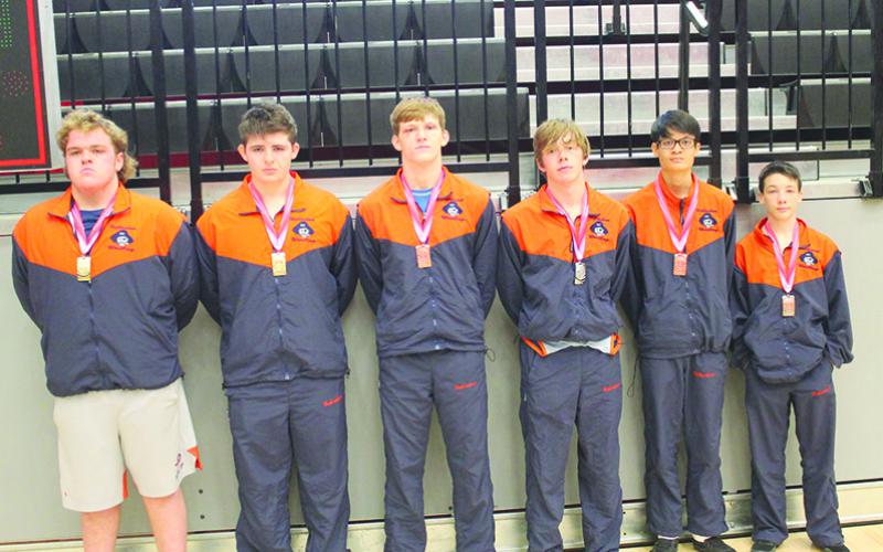 Six Raider wrestlers brought home top-four finishes at the Stephens County Arrowhead Classic in December. Pictured are (from left) Lukas Ricci (1st, 285-pound weight class), Dalton King (1st, 220-pound weight class), Colby Watson (3rd, 170-pound weight class), Eli Pilgrim (2nd, 145-pound weight class), Max Fierro (4th, 113-pound weight class) and Zachary Chitwood (2nd, 106-pound weight class).