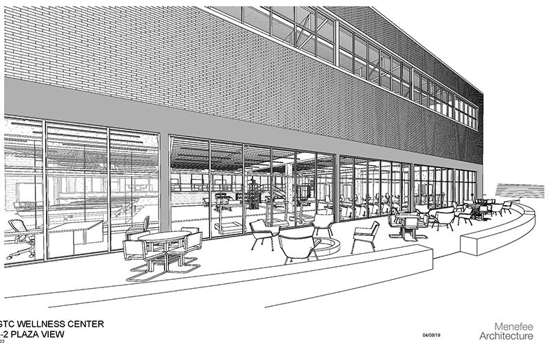 Shown is a concept of the plaza view for North Georgia Technical College’s proposed wellness center.