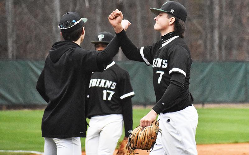 TFS starting pitcher Aubrey Higgins celebrates during his complete game against Bethlehem Christian Academy on Tuesday. CODY ROGERS/Staff