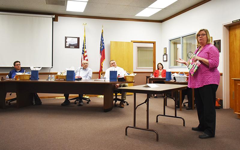 Crystal Holcomb, Director of Nursing at Habersham County Schools, addresses the Habersham County Board of Education on Monday about the COVID-19 vaccines that will be open to all school staff starting Thursday.