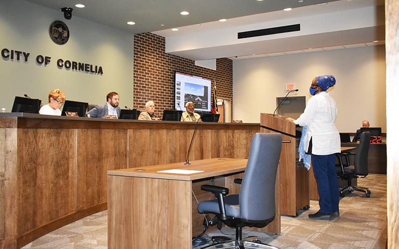 Audrey Davenport speaks to the Cornelia City Commission on Tuesday night.