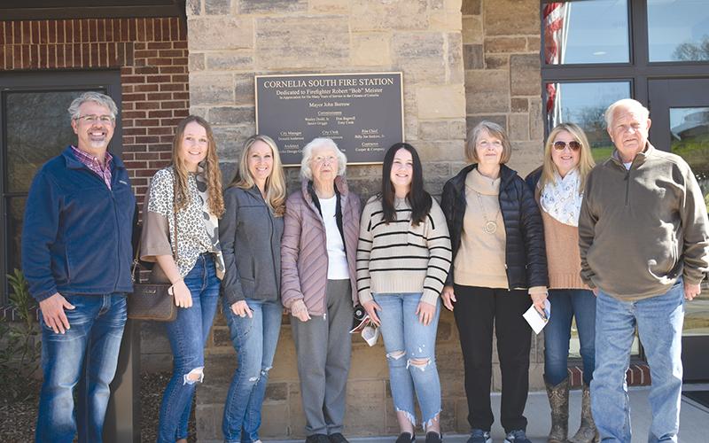 Firefighter Captain Robert ‘Bob’ Meister’s family attended the dedication ceremony at the Cornelia South Station on Saturday, where they got to hear about the impact he made on his colleague’s and victims’ lives. From left are Steve Klacik, Emma Grace Smith, Ellen Smith, Charlotte Meister, Sarah Smith, Beth Shore, Karen Klacik and Ken Shore.