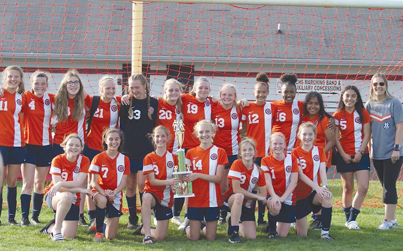 The Lady Raiders soccer team celebrates their middle school championship. Front row (from left) are Emmie Kyle, Meg Labarbera, Eden Turner, Kaitlyn Fuller, Megan Eash, Jillian Tedder, and Zoe Sosesbee. Back row are Jalyn Purdy, Madie Wilbanks, Abigail Mize, Maddox Carroll, Kelsie Campbell, Belle Cummings, Hannah Vidrine, Jazlyn Burke, Kenzie King, Emyrie Combs, Jacqueline Ramirez, Yamilex Ortero, and coach Melissa Carroll.