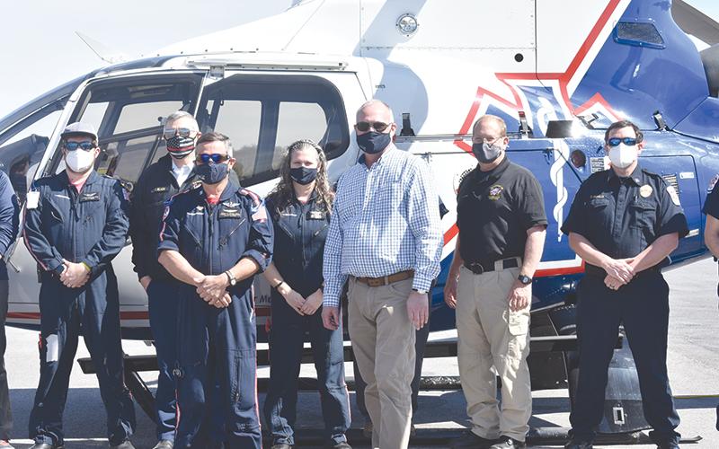 Frank De Armas celebrated over 2,000 flights as a flight paramedic with his colleagues Air Life North Georgia Area Manager Joe Pardue, Habersham Emergency Services Director Chad Black and others.