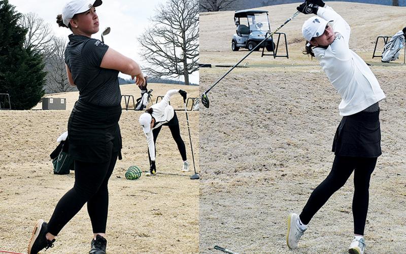 Tallulah Falls’ Brinson Hall (left) and Maggie Jackson warm up before their match on  Monday afternoon. The pair of seniors are Division I college commits and among the state’s top linksters.