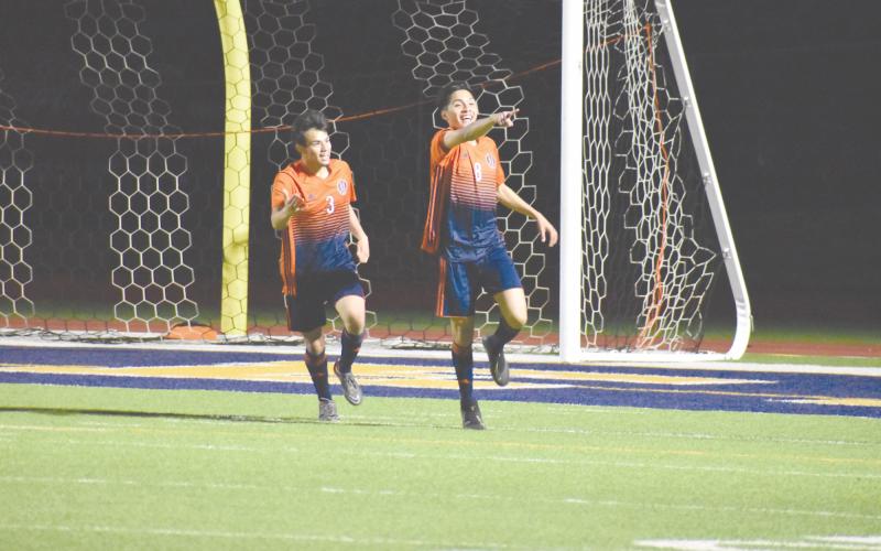 Habersham Central’s Angel Zavala (left) and Francisco Reyes celebrate a goal against White County. Habersham Central’s Angel Zavala (left) and Francisco Reyes celebrate a goal against White County. Coming Friday: More Senior Night coverage and pictures.
